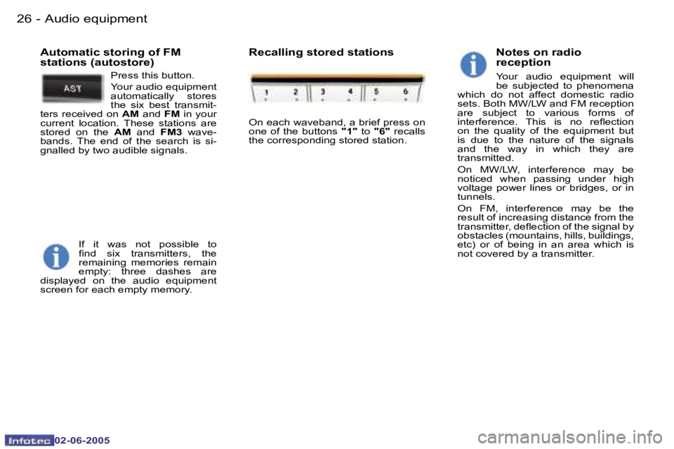 PEUGEOT 107 DAG 2005 Owners Manual �A�u�d�i�o� �e�q�u�i�p�m�e�n�t�2�6 �-
�0�2�-�0�6�-�2�0�0�5
�2�7�A�u�d�i�o� �e�q�u�i�p�m�e�n�t�-
�0�2�-�0�6�-�2�0�0�5
�N�o�t�e�s� �o�n� �r�a�d�i�o�  
�r�e�c�e�p�t�i�o�n
�Y�o�u�r�  �a�u�d�i�o�  �e�q�u�i