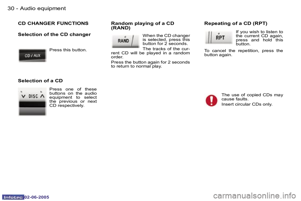 PEUGEOT 107 DAG 2005 Owners Manual �A�u�d�i�o� �e�q�u�i�p�m�e�n�t�3�0 �-
�0�2�-�0�6�-�2�0�0�5
�P�r�e�s�s� �t�h�i�s� �b�u�t�t�o�n�.
�C�D� �C�H�A�N�G�E�R� �F�U�N�C�T�I�O�N�S 
�S�e�l�e�c�t�i�o�n� �o�f� �t�h�e� �C�D� �c�h�a�n�g�e�r�R�a�n�d