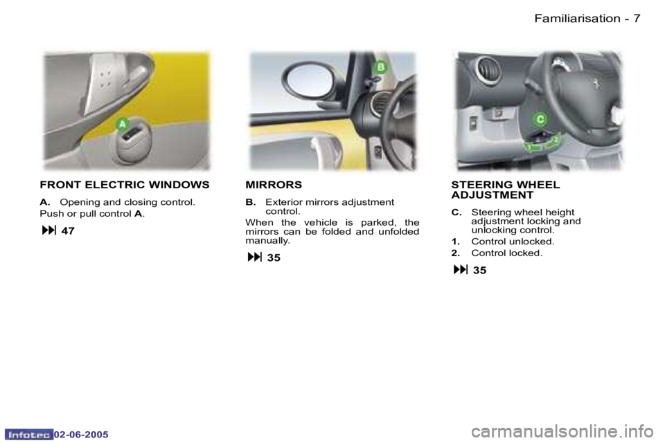 PEUGEOT 107 DAG 2005  Owners Manual �F�a�m�i�l�i�a�r�i�s�a�t�i�o�n�6 �-
�0�2�-�0�6�-�2�0�0�5
�7�F�a�m�i�l�i�a�r�i�s�a�t�i�o�n�-
�0�2�-�0�6�-�2�0�0�5
�F�R�O�N�T� �E�L�E�C�T�R�I�C� �W�I�N�D�O�W�S
�A�.�  �O�p�e�n�i�n�g� �a�n�d� �c�l�o�s�i�