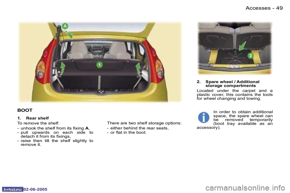 PEUGEOT 107 DAG 2005 Workshop Manual �A�c�c�e�s�s�e�s�4�8 �-
�0�2�-�0�6�-�2�0�0�5
�4�9�A�c�c�e�s�s�e�s�-
�0�2�-�0�6�-�2�0�0�5
�B�O�O�T
�2�.�  �S�p�a�r�e� �w�h�e�e�l� �/� �A�d�d�i�t�i�o�n�a�l�  
�s�t�o�r�a�g�e� �c�o�m�p�a�r�t�m�e�n�t�s
�L