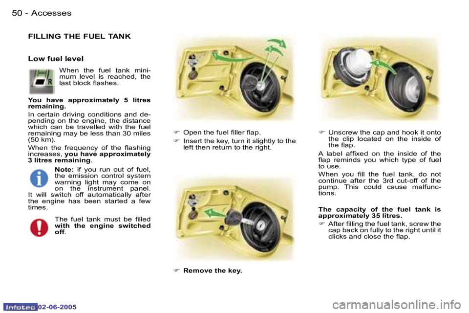 PEUGEOT 107 DAG 2005 Workshop Manual �A�c�c�e�s�s�e�s�5�0 �-
�0�2�-�0�6�-�2�0�0�5
�F�I�L�L�I�N�G� �T�H�E� �F�U�E�L� �T�A�N�K
�F�  �O�p�e�n� �t�h�e� �f�u�e�l� �i�l�l�e�r� �l�a�p�.
�F �  �I�n�s�e�r�t� �t�h�e� �k�e�y�,� �t�u�r�n� �i�t� �s�l