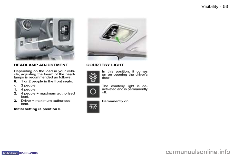 PEUGEOT 107 DAG 2005 Workshop Manual �V�i�s�i�b�i�l�i�t�y�5�2 �-
�0�2�-�0�6�-�2�0�0�5
�5�3�V�i�s�i�b�i�l�i�t�y�-
�0�2�-�0�6�-�2�0�0�5
�H�E�A�D�L�A�M�P� �A�D�J�U�S�T�M�E�N�T
�D�e�p�e�n�d�i�n�g�  �o�n�  �t�h�e�  �l�o�a�d�  �i�n�  �y�o�u�r�