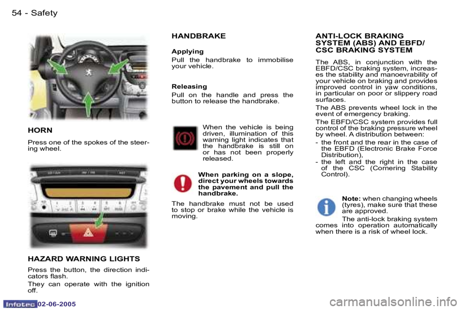 PEUGEOT 107 DAG 2005 Workshop Manual �S�a�f�e�t�y
�5�4 �-
�0�2�-�0�6�-�2�0�0�5
�5�5
�S�a�f�e�t�y
�-
�0�2�-�0�6�-�2�0�0�5
�H�O�R�N
�P�r�e�s�s� �o�n�e� �o�f� �t�h�e� �s�p�o�k�e�s� �o�f� �t�h�e� �s�t�e�e�r�- 
�i�n�g� �w�h�e�e�l�.
�H�A�Z�A�R