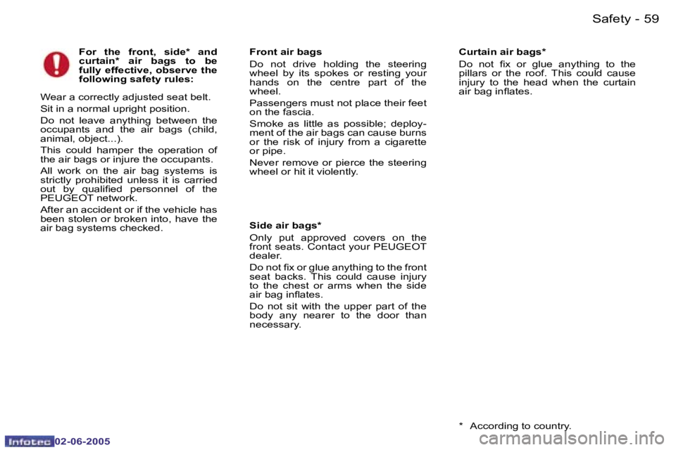 PEUGEOT 107 DAG 2005 Repair Manual �S�a�f�e�t�y�5�8 �-
�0�2�-�0�6�-�2�0�0�5
�5�9�S�a�f�e�t�y�-
�0�2�-�0�6�-�2�0�0�5
�F�o�r�  �t�h�e�  �f�r�o�n�t�,�  �s�i�d�e�*�  �a�n�d�  
�c�u�r�t�a�i�n�*�  �a�i�r�  �b�a�g�s�  �t�o�  �b�e� 
�f�u�l�l�y