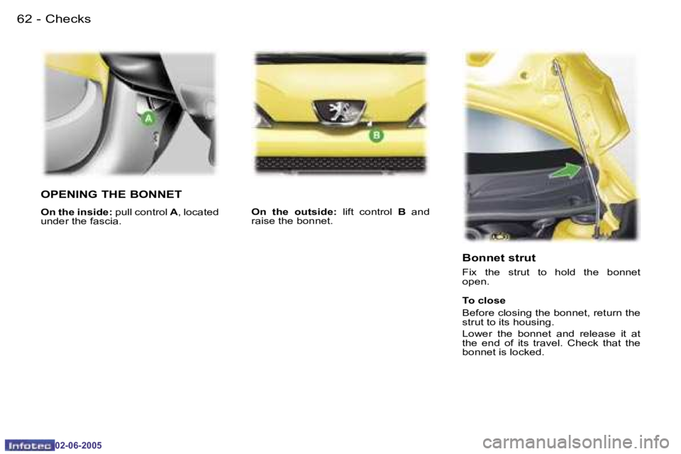 PEUGEOT 107 DAG 2005 Repair Manual �C�h�e�c�k�s�6�2 �-
�0�2�-�0�6�-�2�0�0�5
�6�3�C�h�e�c�k�s�-
�0�2�-�0�6�-�2�0�0�5
�O�P�E�N�I�N�G� �T�H�E� �B�O�N�N�E�T
�O�n� �t�h�e� �i�n�s�i�d�e�:� �p�u�l�l� �c�o�n�t�r�o�l� �A�,� �l�o�c�a�t�e�d� 
�u�
