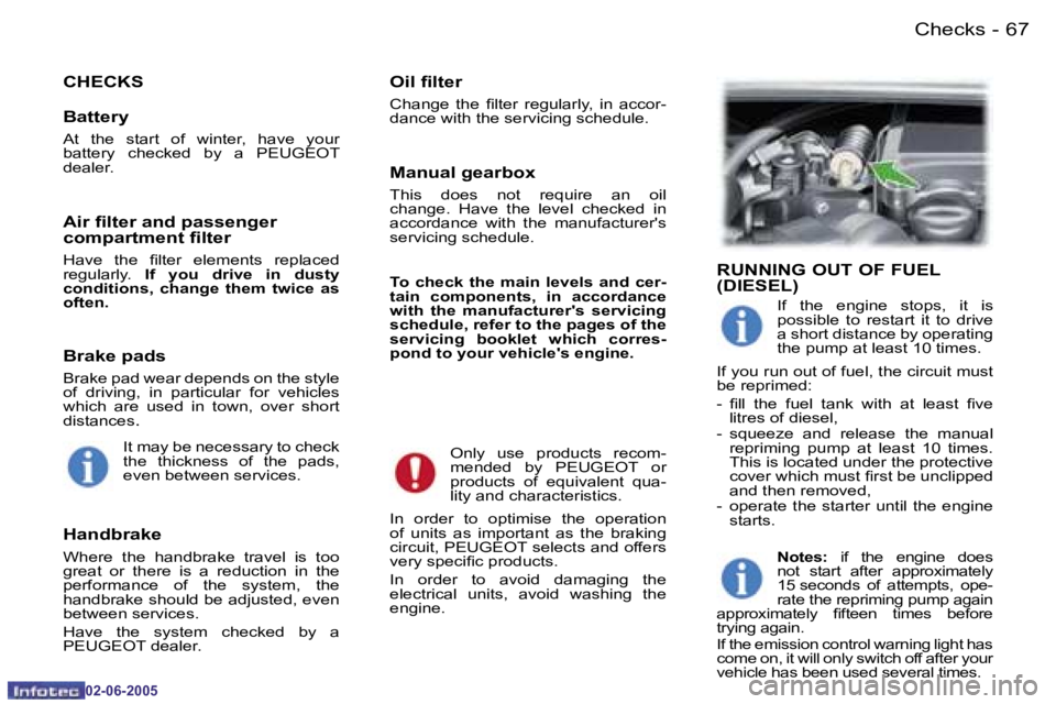 PEUGEOT 107 DAG 2005 Manual PDF �C�h�e�c�k�s�6�6 �-
�0�2�-�0�6�-�2�0�0�5
�6�7�C�h�e�c�k�s�-
�0�2�-�0�6�-�2�0�0�5
�C�H�E�C�K�S�O�i�l� �i�l�t�e�r
�C�h�a�n�g�e�  �t�h�e�  �i�l�t�e�r�  �r�e�g�u�l�a�r�l�y�,�  �i�n�  �a�c�c�o�r�- 
�d�a�n�