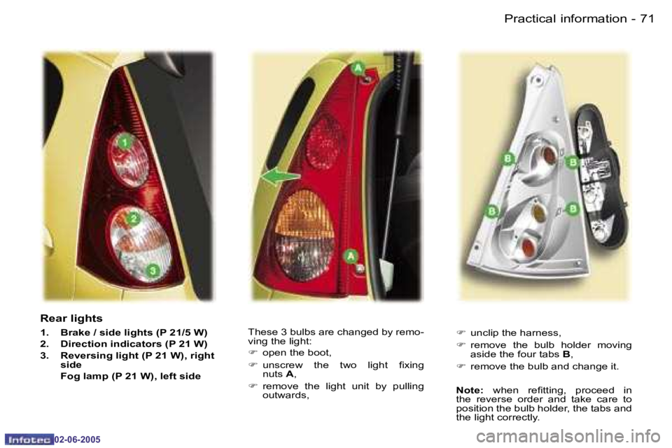 PEUGEOT 107 DAG 2005 Manual PDF �P�r�a�c�t�i�c�a�l� �i�n�f�o�r�m�a�t�i�o�n�7�0 �-
�0�2�-�0�6�-�2�0�0�5
�7�1�P�r�a�c�t�i�c�a�l� �i�n�f�o�r�m�a�t�i�o�n�-
�0�2�-�0�6�-�2�0�0�5
�R�e�a�r� �l�i�g�h�t�s
�1�.�  �B�r�a�k�e� �/� �s�i�d�e� �l�