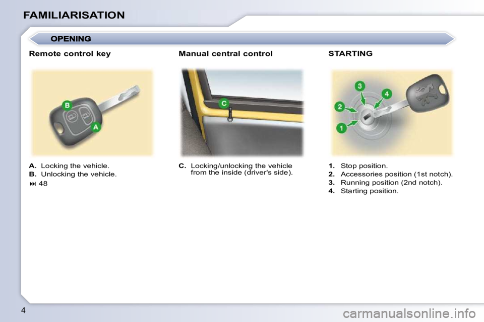 PEUGEOT 107 DAG 2010  Owners Manual 4
FAMILIARISATION
  
C.    Locking/unlocking the vehicle 
from the inside (drivers side).      
1.    Stop position. 
  
2.    Accessories position (1st notch). 
  
3.    Running position (2nd notch)