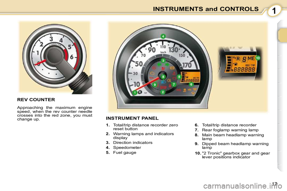 PEUGEOT 107 DAG 2010  Owners Manual 1
17
INSTRUMENTS and CONTROLS
INSTRUMENT PANEL 
   
1.    Total/trip distance recorder zero 
reset button 
  
2.    Warning lamps and indicators 
display 
  
3.    Direction indicators 
  
4.    Speed