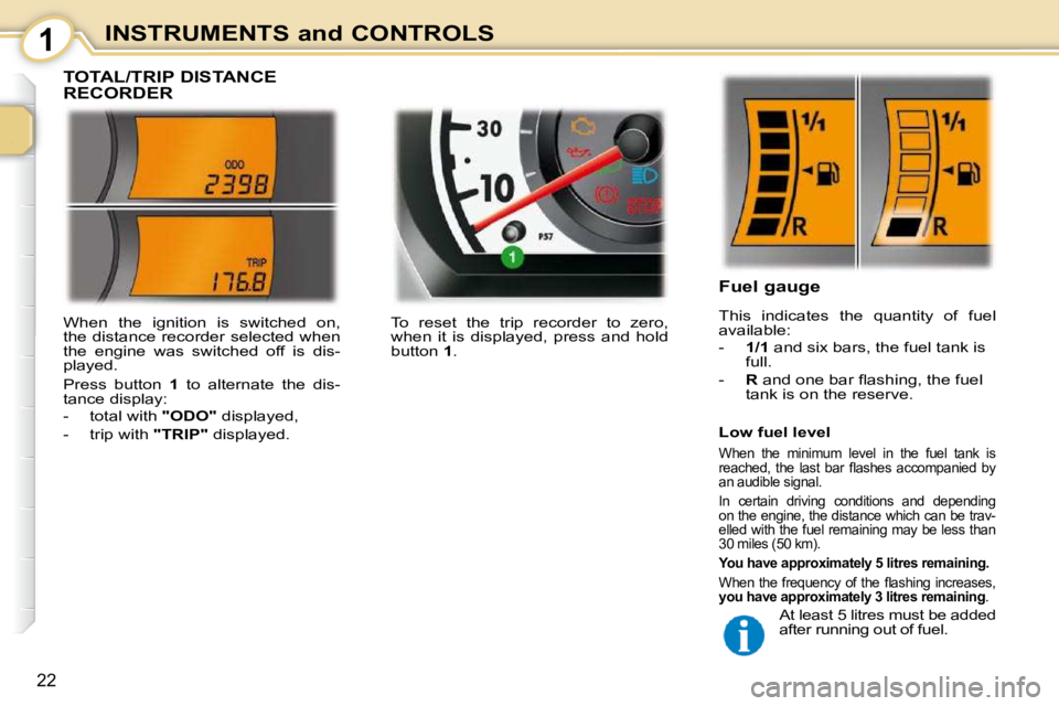 PEUGEOT 107 DAG 2010 User Guide 1
22
INSTRUMENTS and CONTROLS
             TOTAL/TRIP DISTANCE  
RECORDER 
                   Fuel gauge  
 This  indicates  the  quantity  of  fuel  
available:  
   -    1/1  and six bars, the fuel 