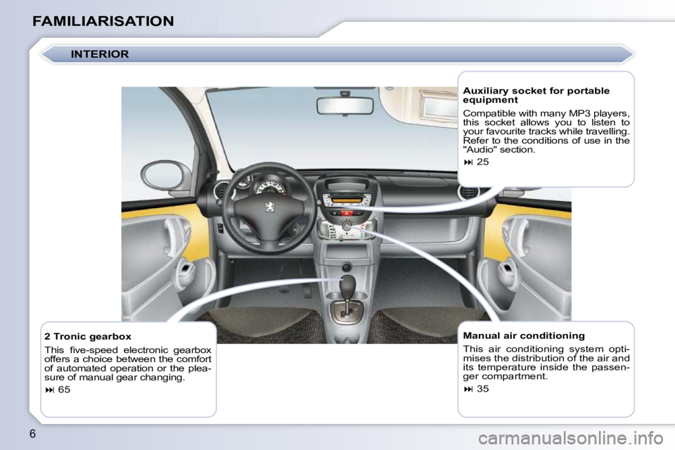 PEUGEOT 107 DAG 2010  Owners Manual 6
FAMILIARISATION  Manual air conditioning  
� �T�h�i�s�  �a�i�r�  �c�o�n�d�i�t�i�o�n�i�n�g�  �s�y�s�t�e�m�  �o�p�t�i�- 
mises the distribution of the air and 
�i�t�s�  �t�e�m�p�e�r�a�t�u�r�e�  �i�n�s