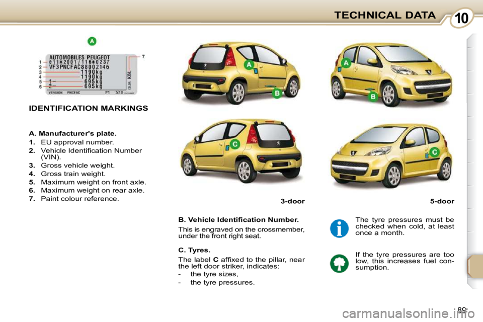 PEUGEOT 107 DAG 2010  Owners Manual 1010
89
TECHNICAL DATA
IDENTIFICATION MARKINGS  
� � �B�.� �V�e�h�i�c�l�e� �I�d�e�n�t�i�ﬁ� �c�a�t�i�o�n� �N�u�m�b�e�r�.�  
 This is engraved on the crossmember,  
under the front right seat.   The  