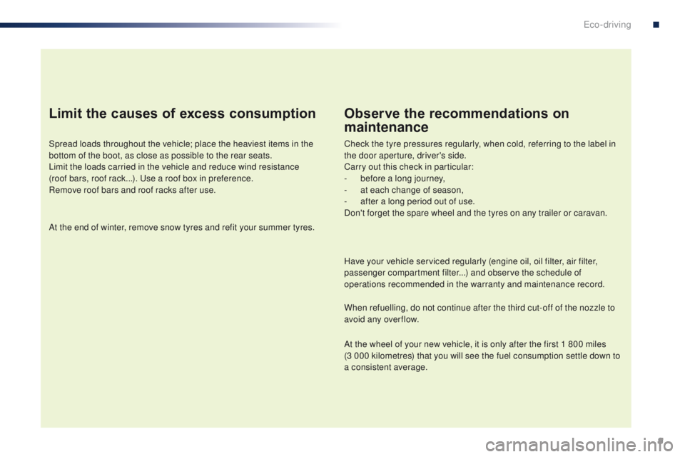 PEUGEOT 108 2015 Owners Manual 9
108_en_Chap00c_eco-conduite_ed01-2015
Limit the causes of excess consumption
Spread loads throughout the vehicle; place the heaviest items in the
bottom of the boot, as close as possible to the rea PEUGEOT 108 2015 Owners Manual 9
108_en_Chap00c_eco-conduite_ed01-2015
Limit the causes of excess consumption
Spread loads throughout the vehicle; place the heaviest items in the
bottom of the boot, as close as possible to the rea