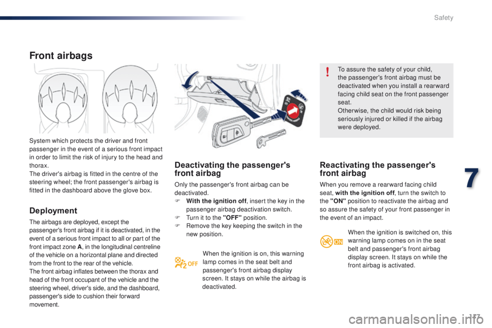 PEUGEOT 108 2015  Owners Manual 117
108_en_Chap07_securite_ed01-2015
Deactivating the passenger's 
front airbag
Only the passenger's front airbag can be 
deactivated.
F 
W
 ith the ignition off , insert the key in the 
passe