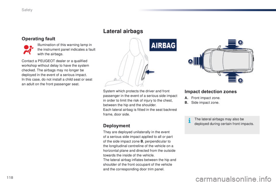 PEUGEOT 108 2015  Owners Manual 118
108_en_Chap07_securite_ed01-2015
Lateral airbags
Deployment
they are deployed unilaterally in the event 
of a serious side impact applied to all or part 
of the side impact zone B, perpendicular t