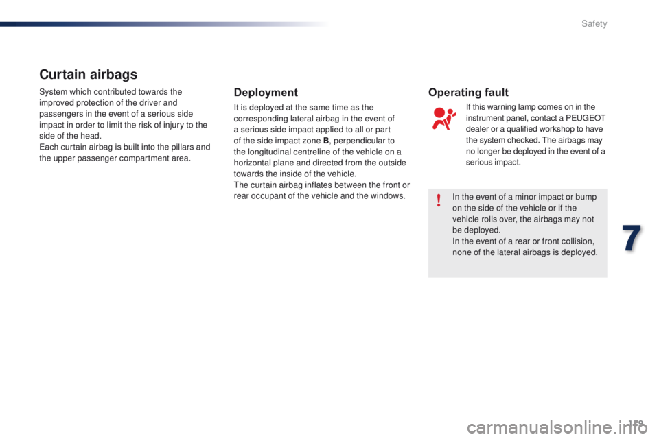 PEUGEOT 108 2015 Owners Manual 119
108_en_Chap07_securite_ed01-2015
In the event of a minor impact or bump
on the side of the vehicle or if the
vehicle rolls over, the airbags may not
be deployed.
In the event of a rear or front PEUGEOT 108 2015 Owners Manual 119
108_en_Chap07_securite_ed01-2015
In the event of a minor impact or bump
on the side of the vehicle or if the
vehicle rolls over, the airbags may not
be deployed.
In the event of a rear or front