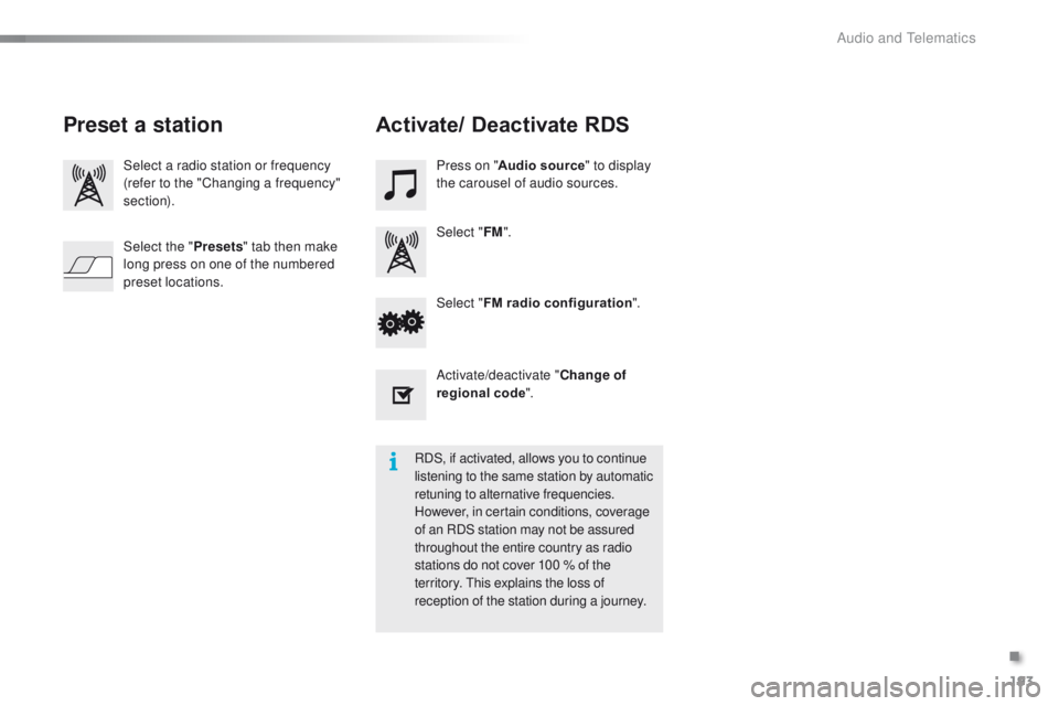 PEUGEOT 108 2015  Owners Manual 193
108_en_Chap12a_Autoradio-Toyota-tactile-1_ed01-2015
Select a radio station or frequency
(refer to the "Changing a frequency" 
section).Press on "
Audio source " to display 
the car