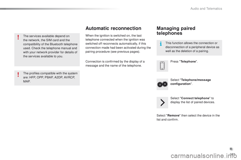 PEUGEOT 108 2015  Owners Manual 203
108_en_Chap12a_Autoradio-Toyota-tactile-1_ed01-2015
the services available depend on 
the network, the SIM card and the 
compatibility of the Bluetooth telephone 
used. Check the telephone manual 