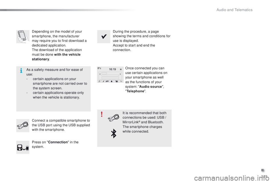 PEUGEOT 108 2015  Owners Manual 215
108_en_Chap12a_Autoradio-Toyota-tactile-1_ed01-2015
Depending on the model of your 
smartphone, the manufacturer 
may require you to first download a 
dedicated application.
th
e download of the a
