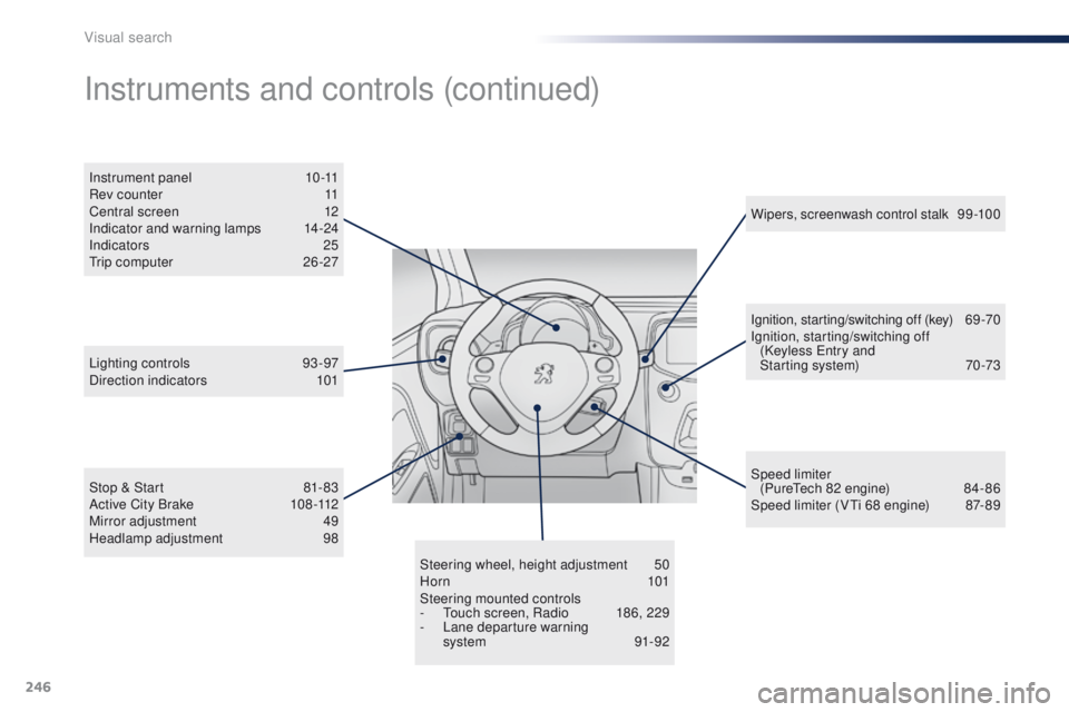 PEUGEOT 108 2015  Owners Manual 246
108_en_Chap13_recherche-visuelle_ed01-2015
Steering wheel, height adjustment 50
Horn  101
Steering mounted controls
-
  t
o
 uch screen, Radio  
1
 86, 229
-
 L

ane departure warning 
system
  91