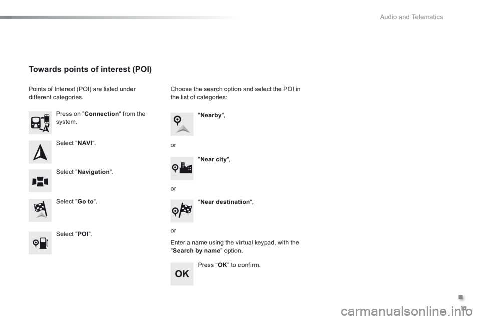 PEUGEOT 108 2015  Owners Manual .
 Audio and Telematics 11
c1-108-post-it-web_en_chap12a_complementnav_toyota_tactile-1_ed01-2015
  Select  " N AV I ".  
  Select  " Go to ".  
  Press  on  " Connection " from the system.  
  Select