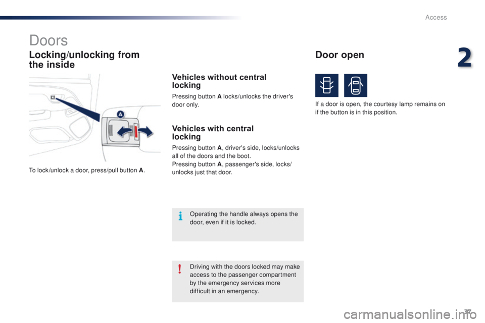 PEUGEOT 108 2015 Owners Manual 37
108_en_Chap02_ouvertures_ed01-2015
Locking/unlocking from
the inside
Doors
to lock /unlock a door, press/pull button A.
Vehicles with central
locking
Pressing button A, driver's side, locks PEUGEOT 108 2015 Owners Manual 37
108_en_Chap02_ouvertures_ed01-2015
Locking/unlocking from
the inside
Doors
to lock /unlock a door, press/pull button A.
Vehicles with central
locking
Pressing button A, driver's side, locks