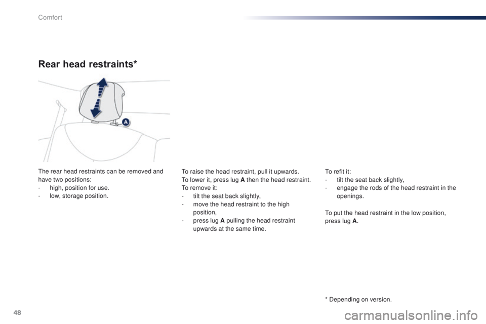 PEUGEOT 108 2015 Service Manual 48
108_en_Chap03_confort_ed01-2015
Rear head restraints*
the rear head restraints can be removed and
have two positions:
-
h
igh, position for use.
-
lo
w, storage position.to r aise the head res PEUGEOT 108 2015 Service Manual 48
108_en_Chap03_confort_ed01-2015
Rear head restraints*
the rear head restraints can be removed and
have two positions:
-
h
igh, position for use.
-
lo
w, storage position.to r aise the head res