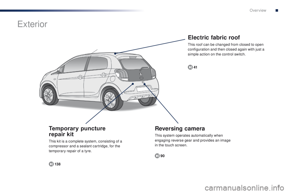 PEUGEOT 108 2015  Owners Manual 5
108_en_Chap00b_vue-ensemble_ed01-2015
Electric fabric roof
this roof can be changed from closed to open 
configuration and then closed again with just a 
simple action on the control switch.41
Rever