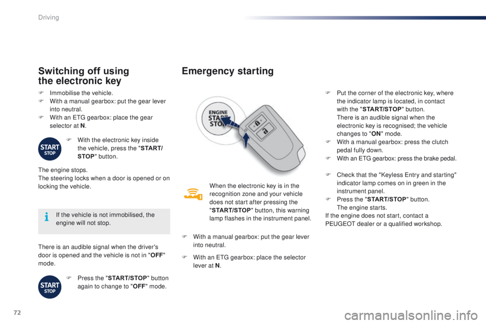 PEUGEOT 108 2015 Manual PDF 72
108_en_Chap05_conduite_ed01-2015
there is an audible signal when the driver's 
door is opened and the vehicle is not in "OFF" 
mode. If the vehicle is not immobilised, the 
engine will 