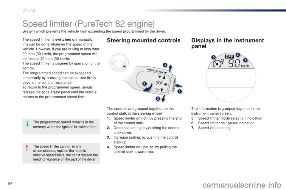 PEUGEOT 108 2015 Manual Online 84
108_en_Chap05_conduite_ed01-2015
the speed limiter cannot, in any 
circumstances, replace the need to 
observe speed limits, nor can it replace the 
need for vigilance on the part of the driver.
Sp