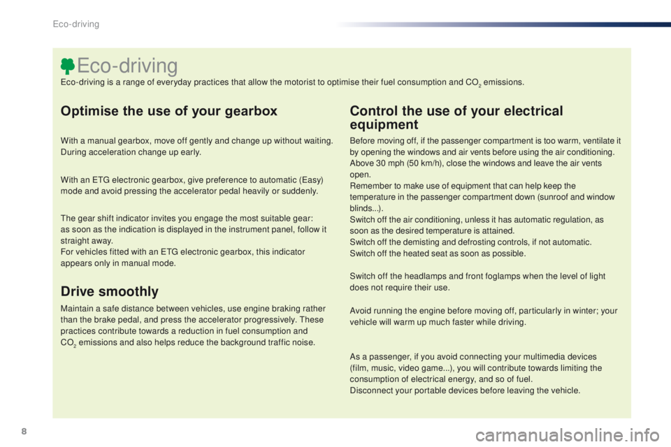 PEUGEOT 108 2015  Owners Manual 8
108_en_Chap00c_eco-conduite_ed01-2015
Optimise the use of your gearbox
With a manual gearbox, move off gently and change up without waiting. 
During acceleration change up early.
With an etg  electr