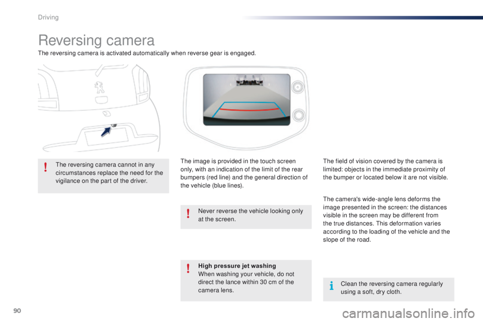 PEUGEOT 108 2015  Owners Manual 90
108_en_Chap05_conduite_ed01-2015
Reversing camera
the reversing camera is activated automatically when reverse gear is engaged.
th
e reversing camera cannot in any 
circumstances replace the need f