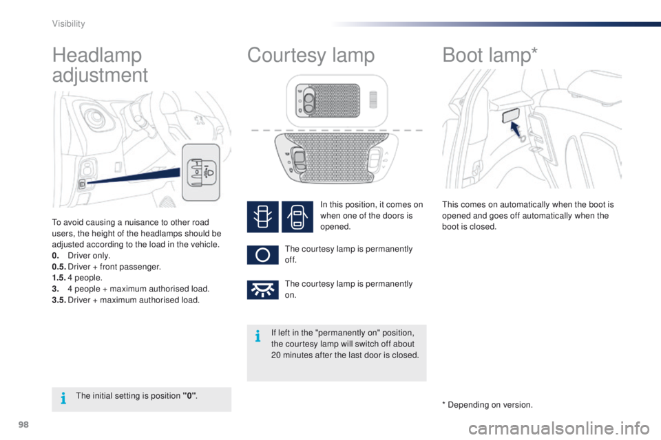 PEUGEOT 108 2015  Owners Manual 98
108_en_Chap06_visibilite_ed01-2015
Headlamp 
adjustment
to avoid causing a nuisance to other road 
users, the height of the headlamps should be 
adjusted according to the load in the vehicle.
0.
 D