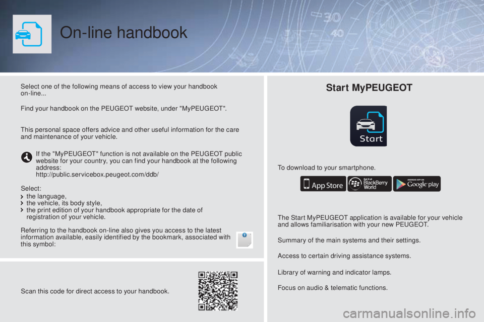 PEUGEOT 108 2016  Owners Manual Start
On-line handbook
Select one of the following means of access to view your handbook  
on-line...
Referring to the handbook on-line also gives you access to the latest 
information available, easi