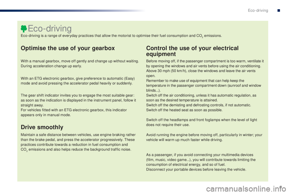 PEUGEOT 108 2016  Owners Manual 9
108_en_Chap00c_eco-conduite_ed01-2016
optimise the use of your gearbox
With a manual gearbox, move off gently and change up without waiting. 
During acceleration change up early.
With an etg  electr