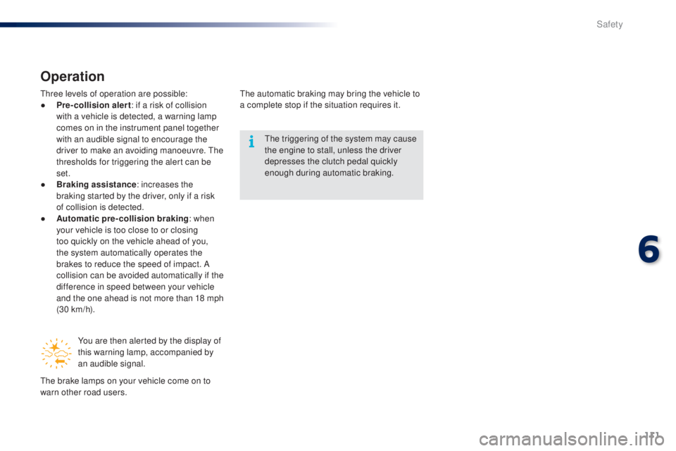 PEUGEOT 108 2016 Owners Manual 111
108_en_Chap06_securite_ed01-2016
operation
three levels of operation are possible:
● P re-collision alert : if a risk of collision
with a vehicle is detected, a warning lamp
comes on in the in PEUGEOT 108 2016 Owners Manual 111
108_en_Chap06_securite_ed01-2016
operation
three levels of operation are possible:
● P re-collision alert : if a risk of collision
with a vehicle is detected, a warning lamp
comes on in the in