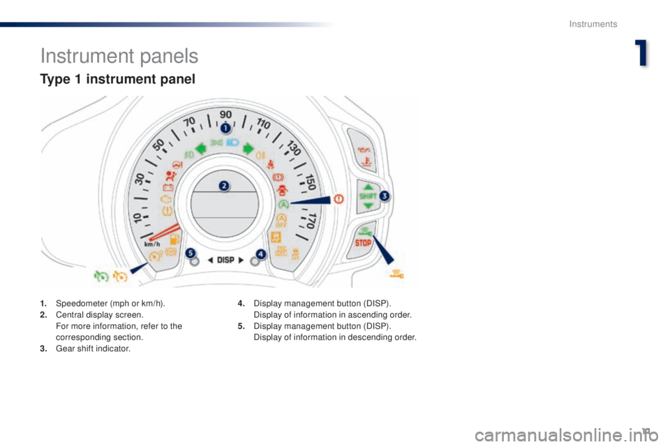PEUGEOT 108 2016 User Guide 11
108 _en_Chap01_instrument- de-bord_ed01-2016
Instrument panels
type 1 instrument panel
1. Speedometer (mph or km/h).
2. Central display screen.
 F

or more information, refer to the 
corresponding 