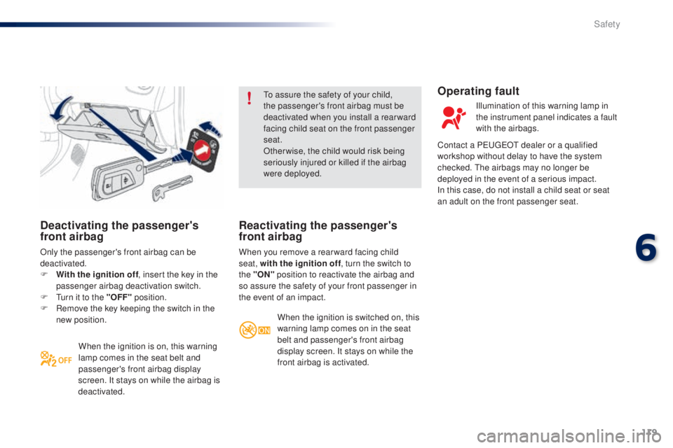 PEUGEOT 108 2016 Owners Manual 119
108_en_Chap06_securite_ed01-2016
Deactivating the passenger's
front airbag
Only the passenger's front airbag can be
deactivated.
F
W
ith the ignition off , insert the key in the
passe PEUGEOT 108 2016 Owners Manual 119
108_en_Chap06_securite_ed01-2016
Deactivating the passenger's
front airbag
Only the passenger's front airbag can be
deactivated.
F
W
ith the ignition off , insert the key in the
passe