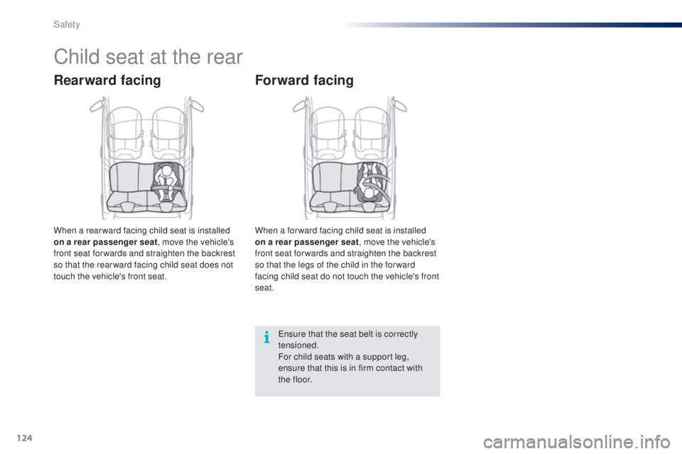 PEUGEOT 108 2016 Owners Manual 124
108_en_Chap06_securite_ed01-2016
Child seat at the rear
Rearward facing
When a rear ward facing child seat is installed
on a rear passenger seat, move the vehicle's
front seat for wards and PEUGEOT 108 2016 Owners Manual 124
108_en_Chap06_securite_ed01-2016
Child seat at the rear
Rearward facing
When a rear ward facing child seat is installed
on a rear passenger seat, move the vehicle's
front seat for wards and