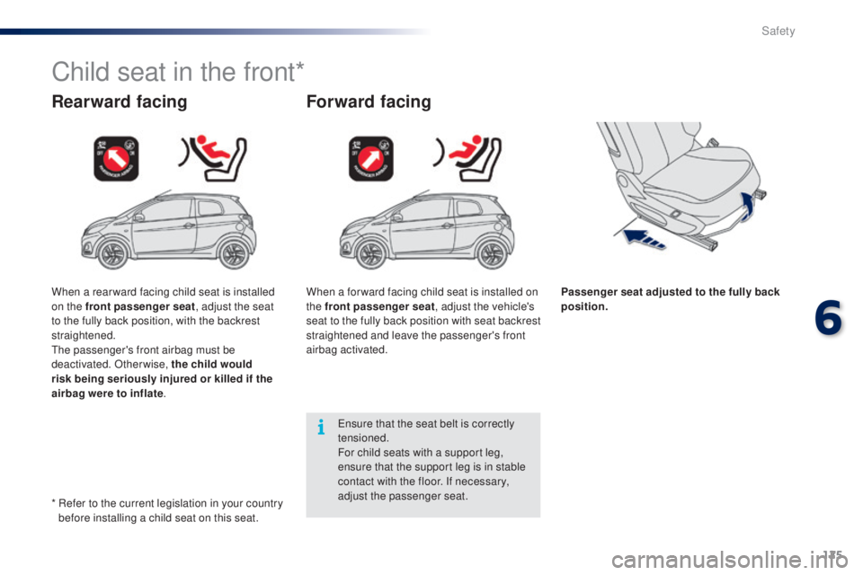 PEUGEOT 108 2016 Owners Manual 125
108_en_Chap06_securite_ed01-2016
Child seat in the front*
Rearward facingForward facing
Passenger seat adjusted to the fully back
position.
en
sure that the seat belt is correctly
tensioned.
Fo PEUGEOT 108 2016 Owners Manual 125
108_en_Chap06_securite_ed01-2016
Child seat in the front*
Rearward facingForward facing
Passenger seat adjusted to the fully back
position.
en
sure that the seat belt is correctly
tensioned.
Fo