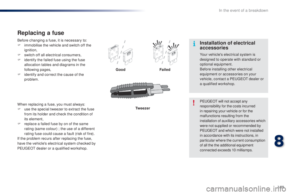 PEUGEOT 108 2016  Owners Manual 169
108_en_Chap08_en-cas-pannes_ed01-2016
Before changing a fuse, it is necessary to:
F i mmobilise the vehicle and switch off the 
ignition,
F
 
s
 witch off all electrical consumers,
F
 
i
 dentify 