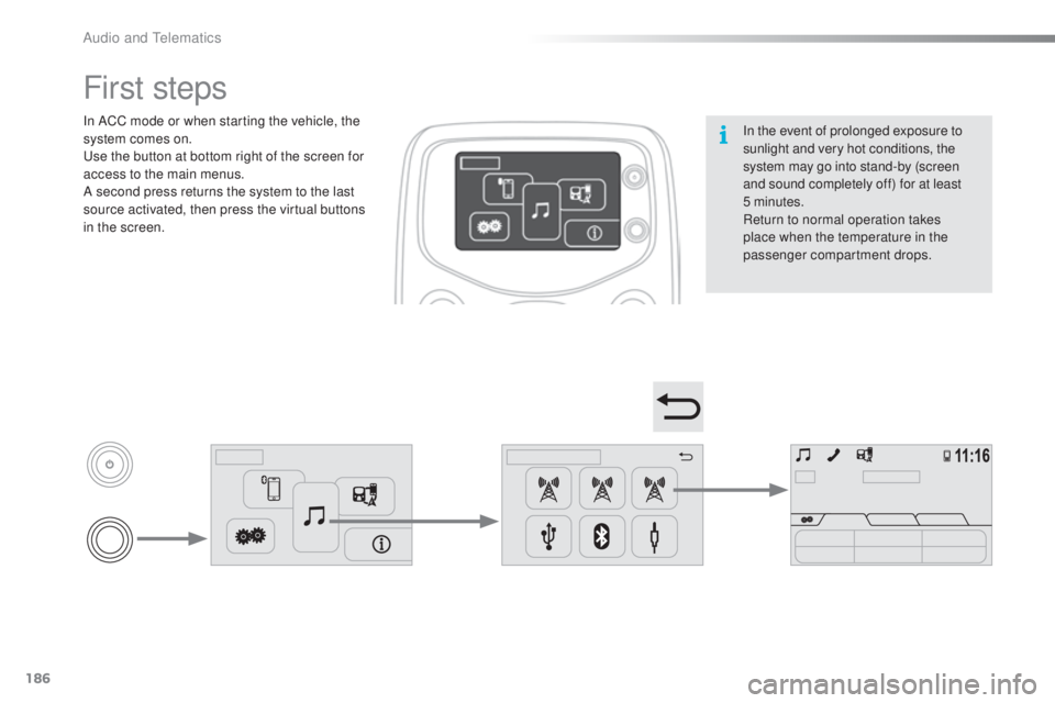 PEUGEOT 108 2016  Owners Manual 186
108_en_Chap10a_Autoradio-toyota-tactile-1_ed01-2016
In the event of prolonged exposure to 
sunlight and very hot conditions, the 
system may go into stand-by (screen 
and sound completely off) for