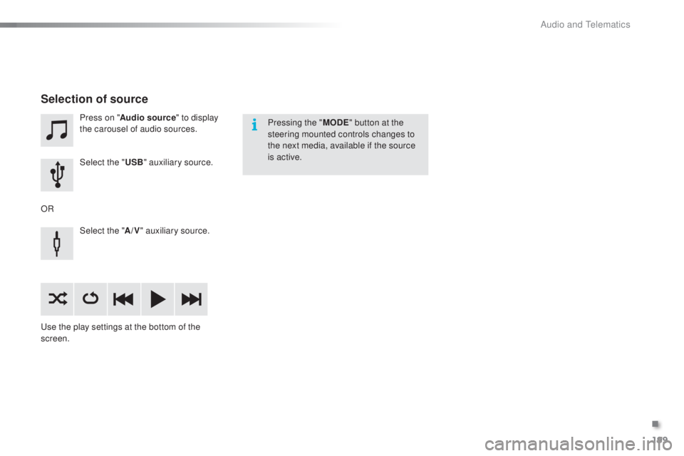 PEUGEOT 108 2016 Owners Manual 199
108_en_Chap10a_Autoradio-toyota-tactile-1_ed01-2016
Press on "Audio source " to display
the carousel of audio sources.
Select the "
u
SB" auxiliary source.
Select the " A/V PEUGEOT 108 2016 Owners Manual 199
108_en_Chap10a_Autoradio-toyota-tactile-1_ed01-2016
Press on "Audio source " to display
the carousel of audio sources.
Select the "
u
SB" auxiliary source.
Select the " A/V
