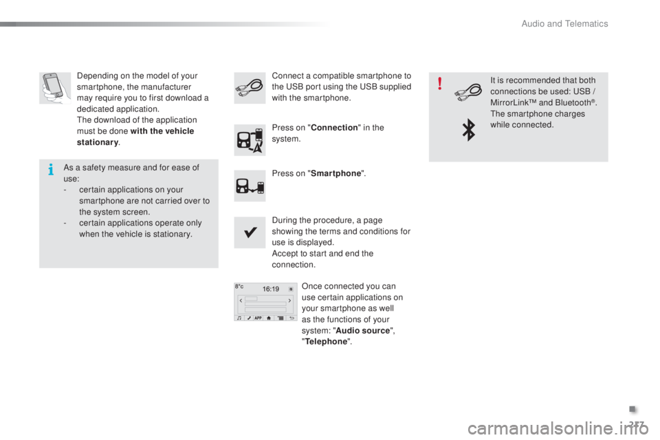 PEUGEOT 108 2016  Owners Manual 217
108_en_Chap10a_Autoradio-toyota-tactile-1_ed01-2016
Depending on the model of your 
smartphone, the manufacturer 
may require you to first download a 
dedicated application.
th

e download of the 