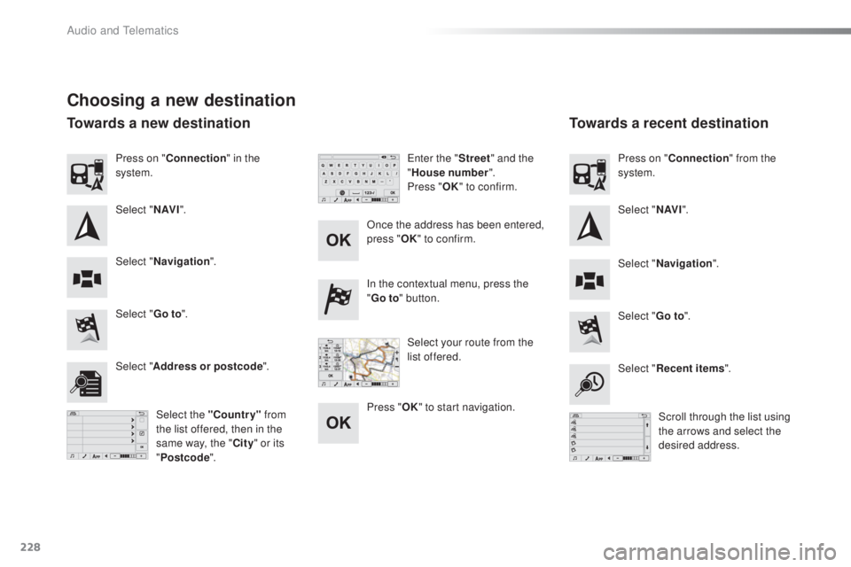 PEUGEOT 108 2016  Owners Manual 228
108_en_Chap10a_Autoradio-toyota-tactile-1_ed01-2016
Choosing a new destination
Select "go to".
Select "go t o".
In the contextual menu, press the 
"
go t

o
" button.
Selec