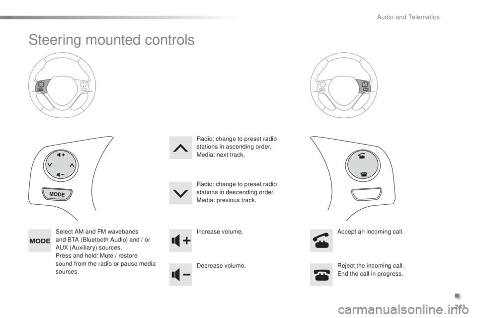 PEUGEOT 108 2016 Owners Manual 241
108_en_Chap10b_Autoradio-toyota-2_ed01-2016
Steering mounted controls
Select AM and FM wavebands
and BtA (
Bluetooth Audio) and / or
A
uX
(Auxiliary) sources.
Press and hold: Mute / restore
s PEUGEOT 108 2016 Owners Manual 241
108_en_Chap10b_Autoradio-toyota-2_ed01-2016
Steering mounted controls
Select AM and FM wavebands
and BtA (
Bluetooth Audio) and / or
A
uX
(Auxiliary) sources.
Press and hold: Mute / restore
s