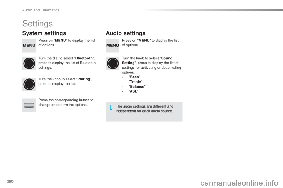PEUGEOT 108 2016 Owners Manual 250
108_en_Chap10b_Autoradio-toyota-2_ed01-2016
Settings
System settings Audio settings
Press on "MeN u" t o display the list
of options. Press on "
MeN u" t o display the list
of op PEUGEOT 108 2016 Owners Manual 250
108_en_Chap10b_Autoradio-toyota-2_ed01-2016
Settings
System settings Audio settings
Press on "MeN u" t o display the list
of options. Press on "
MeN u" t o display the list
of op