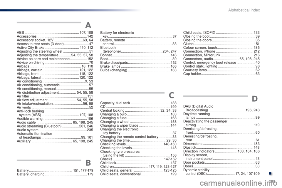 PEUGEOT 108 2016 Owners Manual 255
108_en_Chap11_index-alpha_ed01-2016
ABS .......................................................107, 108
Accessories .................................................. 142
Accessory socket, 12V
PEUGEOT 108 2016 Owners Manual 255
108_en_Chap11_index-alpha_ed01-2016
ABS .......................................................107, 108
Accessories .................................................. 142
Accessory socket, 12V