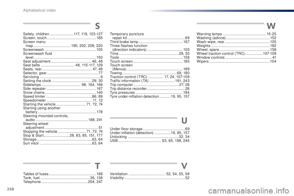 PEUGEOT 108 2016  Owners Manual 258
108_en_Chap11_index-alpha_ed01-2016
Safety, children .......................11 7,  11 9 ,  12 3 -12 7
Screen, touch ............................... .................185
Screen menu   map
 

......