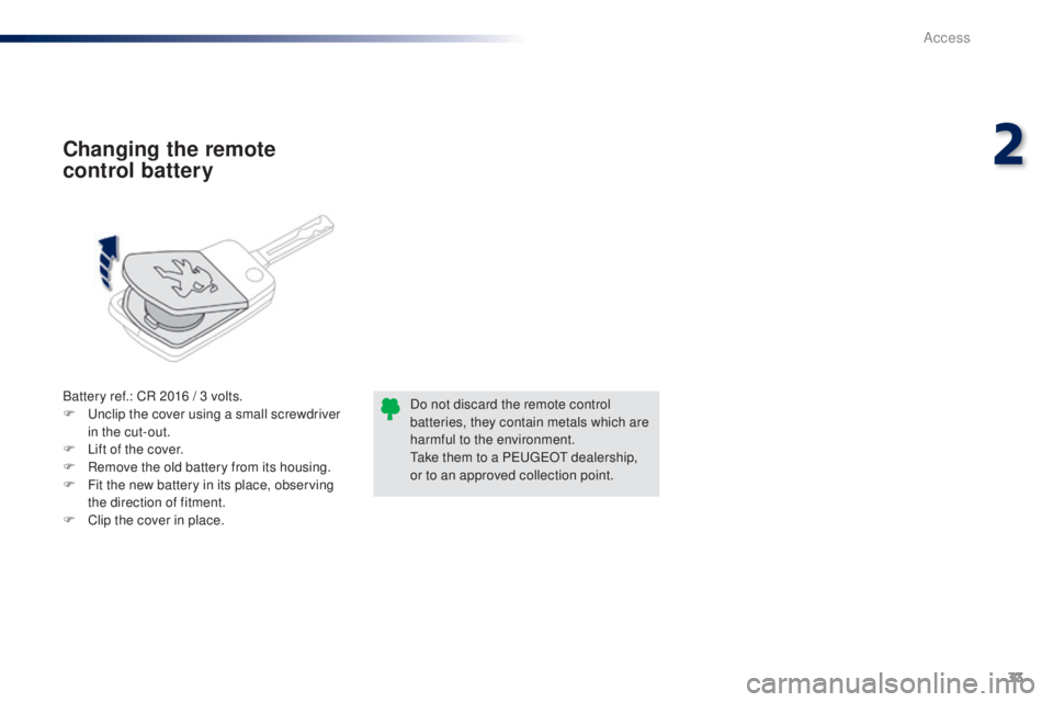 PEUGEOT 108 2016 Owners Guide 33
108_en_Chap02_ouvertures_ed01-2016
Battery ref.: CR 2016 / 3 volts.
F  un clip the cover using a small screwdriver 
in the cut-out.
F
 
L
 ift of the cover.
F
 
R
 emove the old battery from its ho